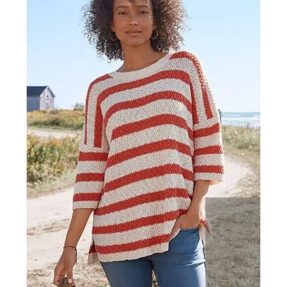Garnet Hill SZ XL Chunky Crochet Sweater Orange Striped Beachy 100% Org. Cotton - Picture 1 of 7